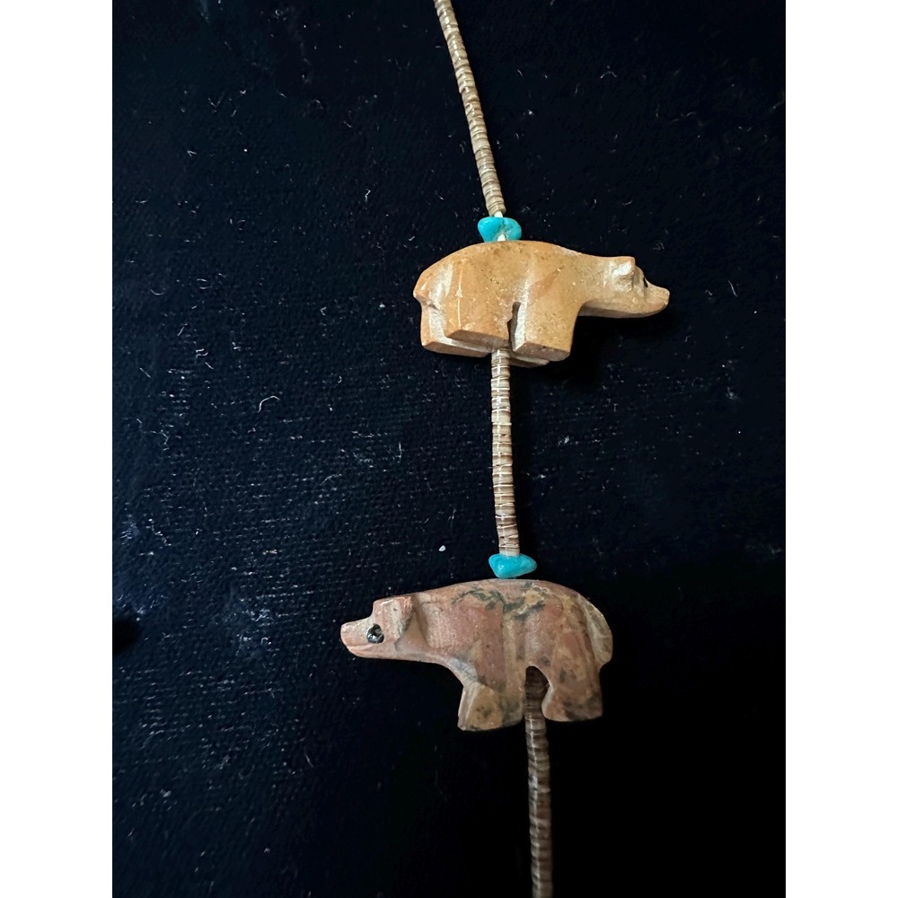 Southwestern Bear Fetish Necklace Carved Stone, Turquoise & Heishi - Picture 4 of 7